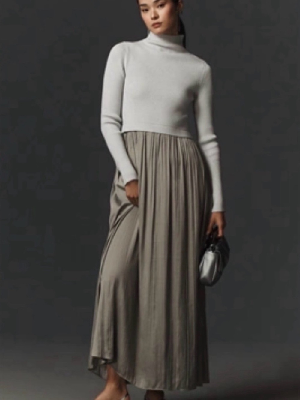 Anthropologie Two-Tone Turtleneck Maxi Dress in Light Gray and Taupe